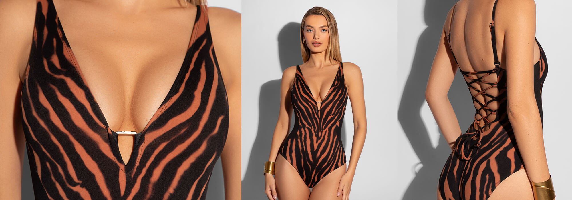 Model is posing in TA3 Plungey Triangle Contour Baked Clay Zebra/Black Color