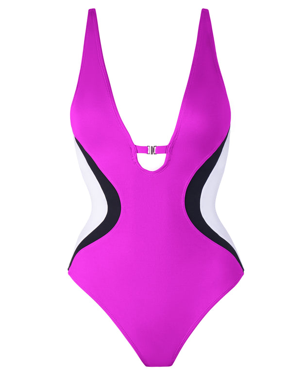 Outline image showing Brazilian Plungey Keyhole Shapewear Swimsuit - Contour Orchid/White/Black