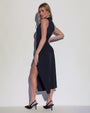 Model wears Ruched Midi Skirty Side Slit Sculpting Shapewear Cover-Up - Black and sleeveless surfy side view
