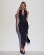 Model wears Ruched Midi Skirty Side Slit Sculpting Shapewear Cover-Up - Black and sleeveless surfy