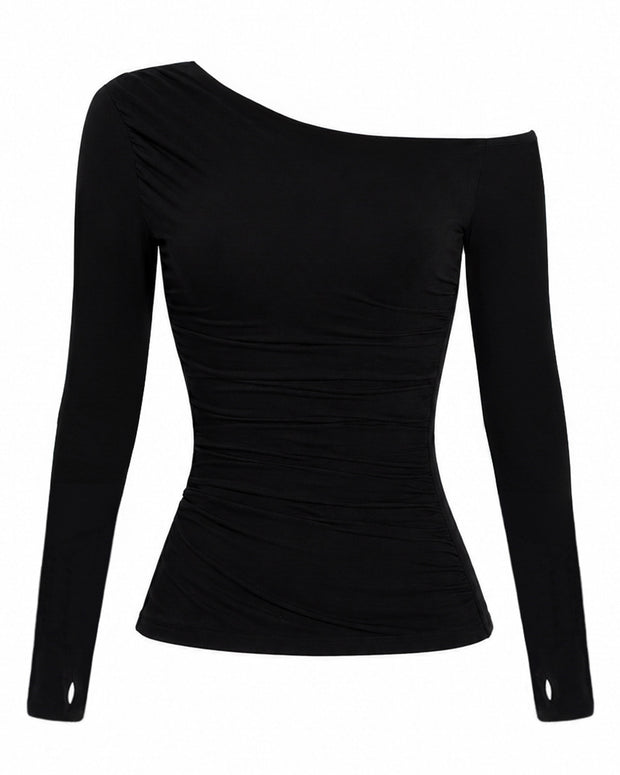 Outline image of Shapey Bias Long Sleeve Top - Black front view