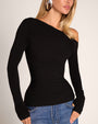 Zoomed in shot of model in Shapey Bias Long Sleeve Top - Black