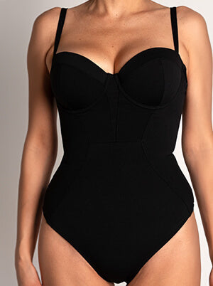 Transformation after wearing TA3 Bombshell swimsuit with tummy control and waist snatching.