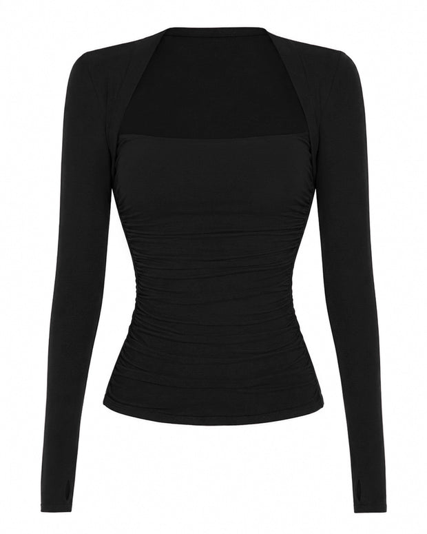 Outline image of Shapey Ruched Long Sleeve Top - Black