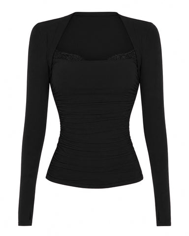 Back view close up of model wearing Shapey Ruched Long Sleeve Top - Black/Lace