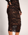 Close up of ruching detail on bottom half of Sweetie Long Sleeve Column Dress - Lace Black/Tawny