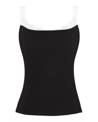 Three quarter back view of model wearing Shapey Cami Bra - Black/Lace White