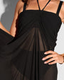 Detail shot of the front of Mermaid Sheer Maxi Skirty - Adjustable Mesh Black worn as a dress 