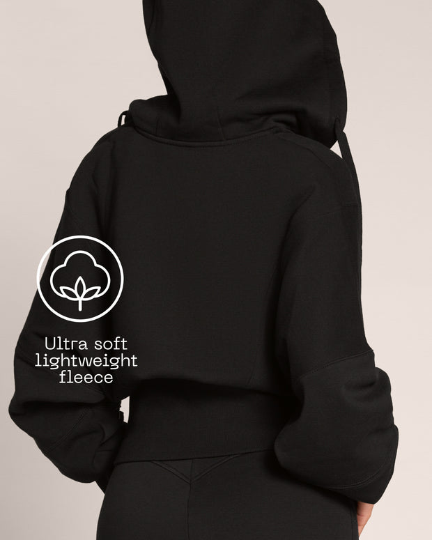 Graphic of Convertible Fleecey - Black highlighting the ultra soft lightweight fleece