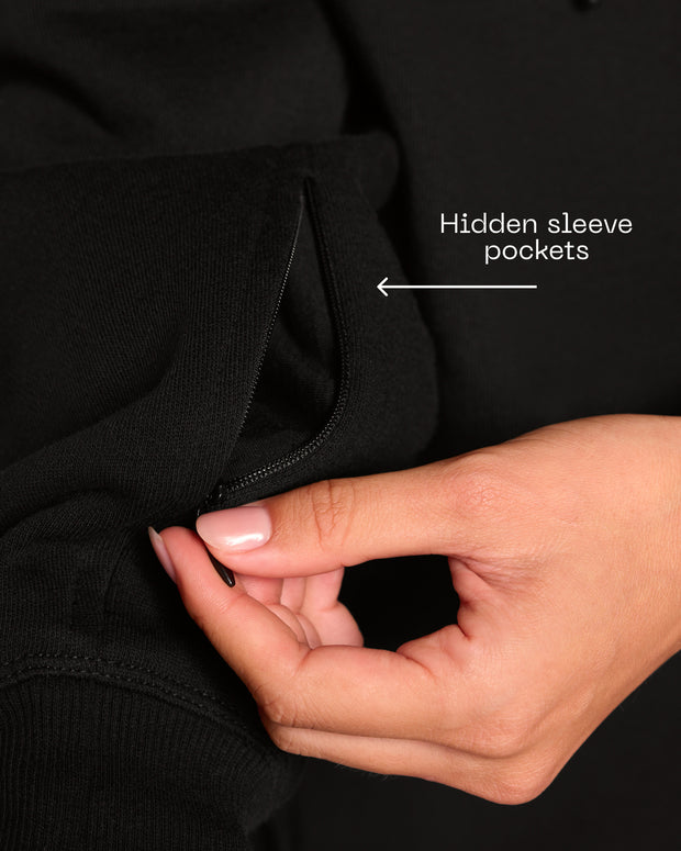 Graphic of Convertible Fleecey - Black highlighting the hidden sleeve pockets