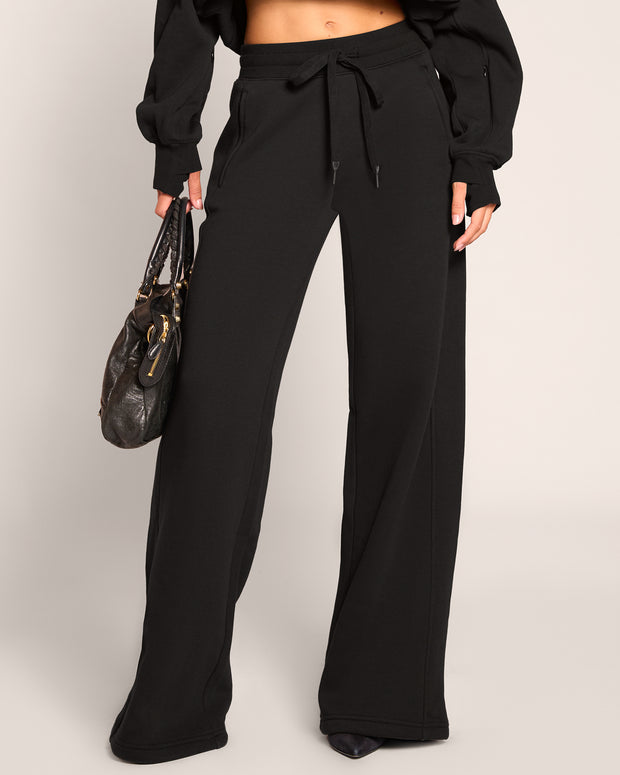 Front close up of model in Fleecey Wide Leg Pull On Pant - Black