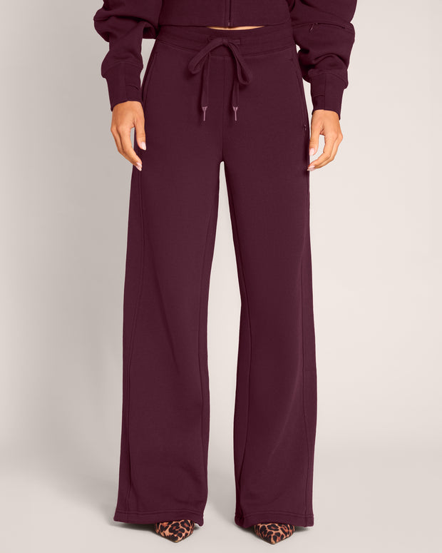 Front close up of model in Fleecey Wide Leg Pull-On Pant - Garnet