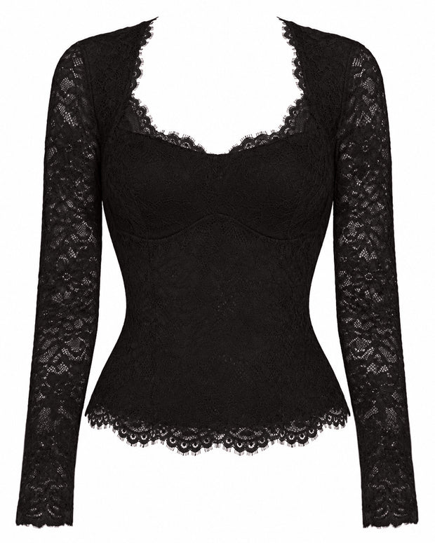 Outline image of Sweetheart Long Sleeve Top - Lace Black