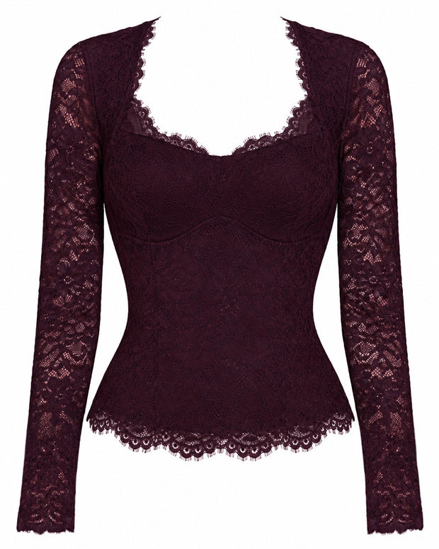 Outline image of Sweetheart Long Sleeve Top - Lace Garnet