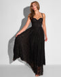 Full body view of model wearing Bombshell Maxi Dress - Lace Black with underskirt on