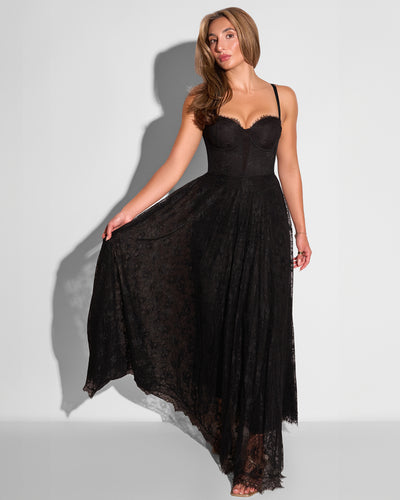 Full body view of model wearing Bombshell Maxi Dress - Lace Black with underskirt on