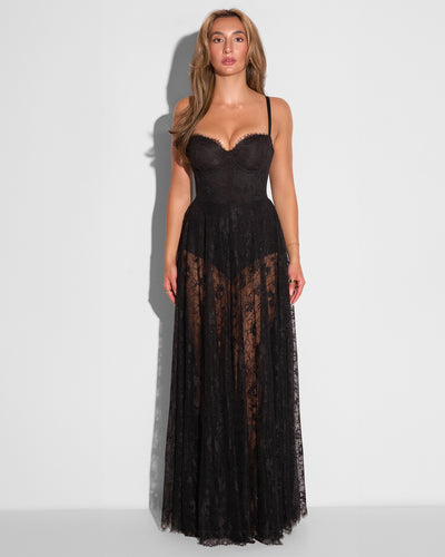 Front view image of model wearing Bombshell Maxi Dress - Lace Black without the underskirt