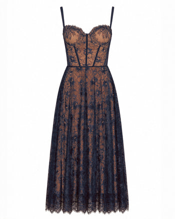 Front outline image of Bombshell Midi Dress - Lace Midnight/Tawny