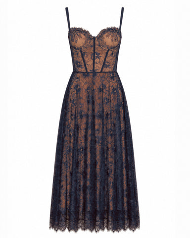 Full body back view of model in Bombshell Midi Dress - Lace Midnight/Tawny
