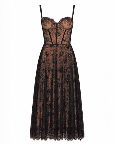 Full body back view of model wearing Bombshell Midi Dress - Lace Black/Tawny