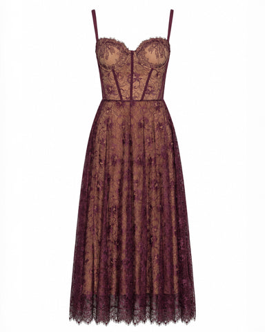 Full body back view of model in Bombshell Midi Dress - Lace Garnet/Tawny