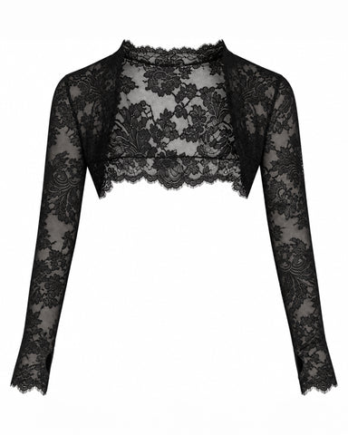 Close up back view of model in Shruggy - Lace Black