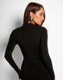 Back view close up of model wearing Shapey Ruched Long Sleeve Top - Black/Lace