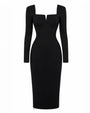 Notchy Long Sleeve Midi Dress - Black