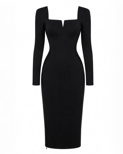 Notchy Long Sleeve Midi Dress - Black