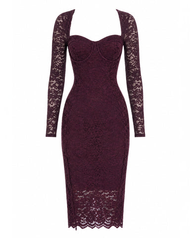 Full body back view of model in Seamed Lushy Long Sleeve Midi Dress - Lace Garnet