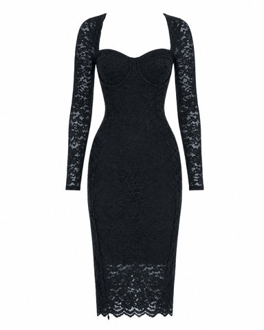 Full body back view of Seamed Lushy Long Sleeve Midi Dress - Lace Black