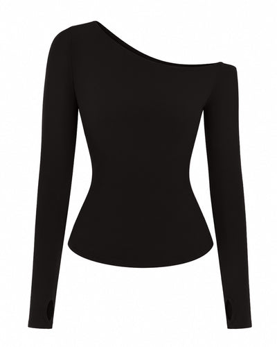 Outline image of Sculpty One Shoulder Long Sleeve Top - Black