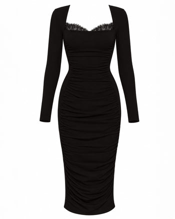 Outline image of Shapey Ruched Long Sleeve Midi Dress - Black