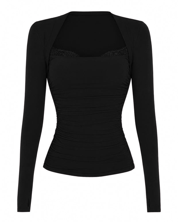 Outline image of Shapey Ruched Long Sleeve Top - Black/Lace