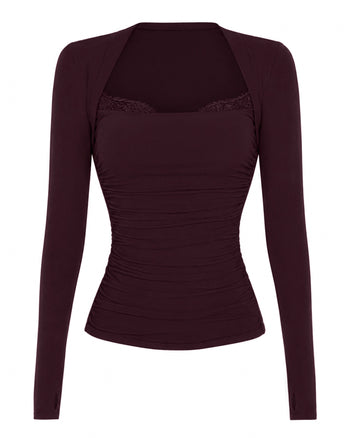 Outline image of Shapey Ruched Long Sleeve Top - Garnet/Lace