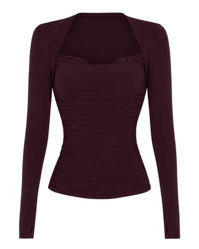Outline image of Shapey Ruched Long Sleeve Top - Garnet/Lace