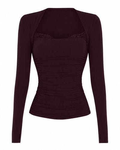 Front outline image of Shapey Ruched Long Sleeve Top - Garnet/Lace