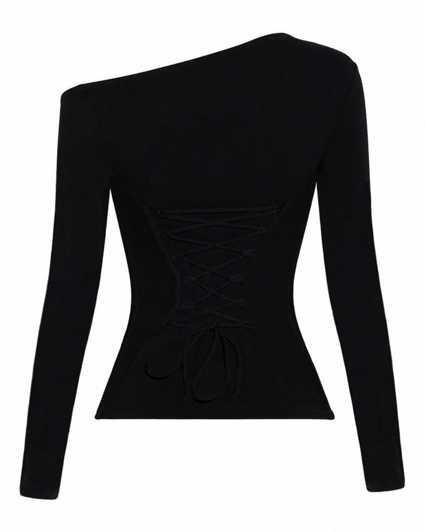 Outline image of Shapey Bias Long Sleeve Top - Black back view