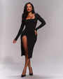 Model wears Squarey Long Sleeve Midi Shapewear Dress - Black full front view unzipped zipper