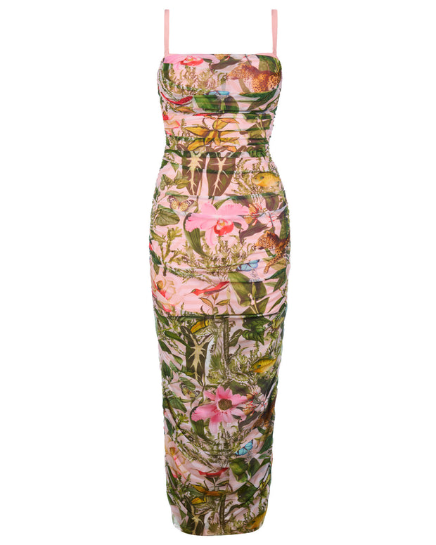 Outline image showing Sweetie Mesh Column Midi Shapewear Dress - Floral Ambrosia