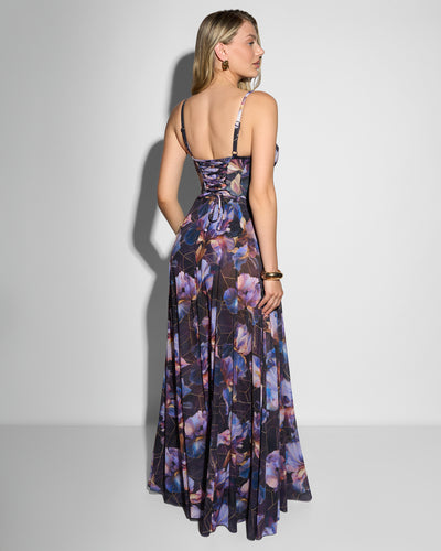 Full body back view of model posing in Bombshell Maxi Dress - Iris Marble