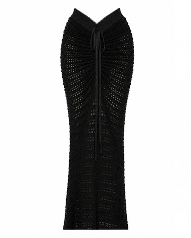 Three quarter back view of Mermaid Sheer Maxi Skirty - Adjustable Crochet Black on model