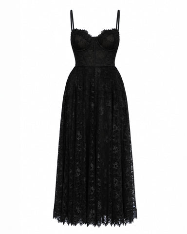 Model in Bombshell Midi Dress - Lace Black three quarter back view