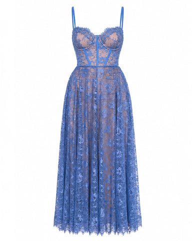 Back view of model wearing Bombshell Midi Dress - Lace Steel Blue/Tawny
