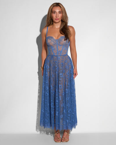 Model standing straight in Bombshell Midi Dress - Lace Steel Blue/Tawny
