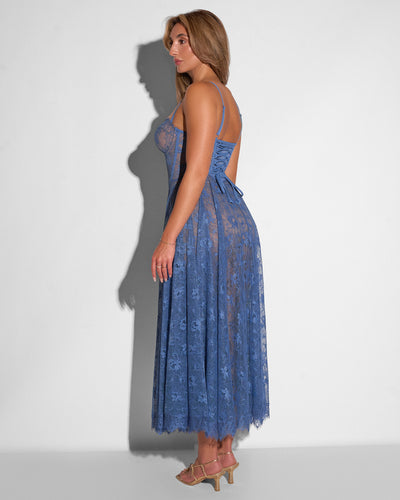 Back view of model wearing Bombshell Midi Dress - Lace Steel Blue/Tawny