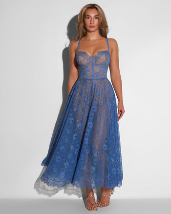 Model in Bombshell Midi Dress - Lace Steel Blue/Tawny front view