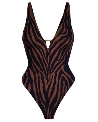 Model wears in Hi Cut Plungey Triangle Shapewear Swimsuit - Mocha Zebra/Black