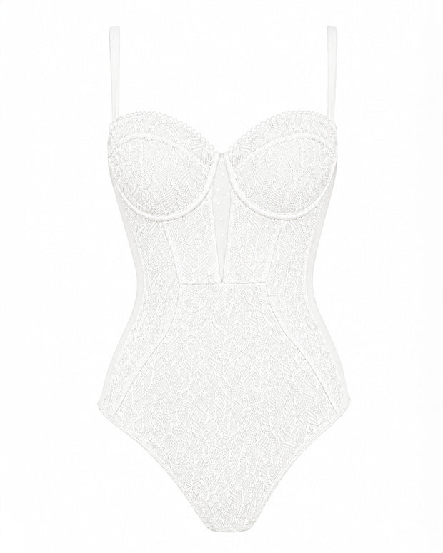Outline image of Brazilian Bombshell - Lace White tummy control swimsuit
