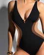 Front close up of model in Plungey Triangle - Contour Black/Cocoa/Tawny